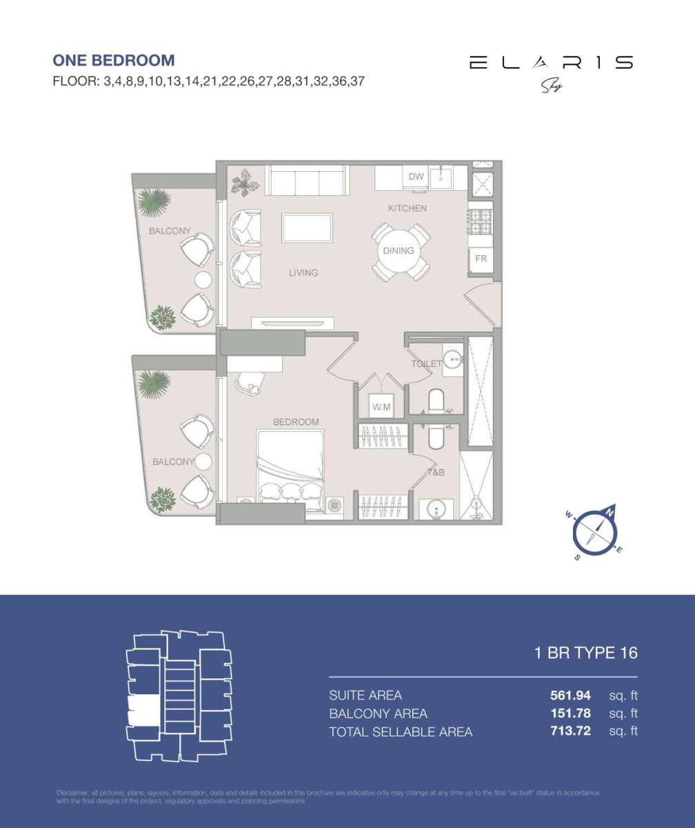 1BR-Type 16 | Elaris Sky offers 1-bedroom apartments in JVT District 3, Jumeirah Village Triangle, Dubai.